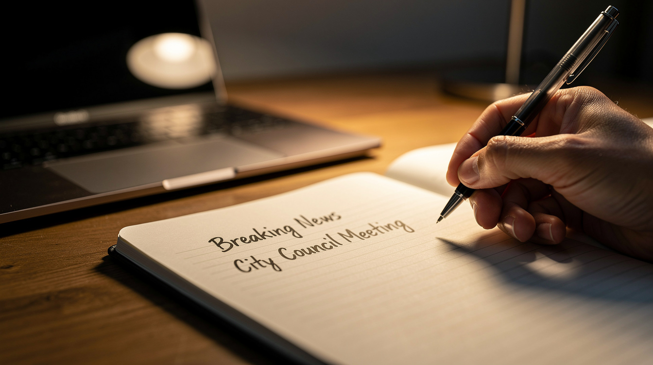 Close-up of a hand writing a story draft in a notebook
