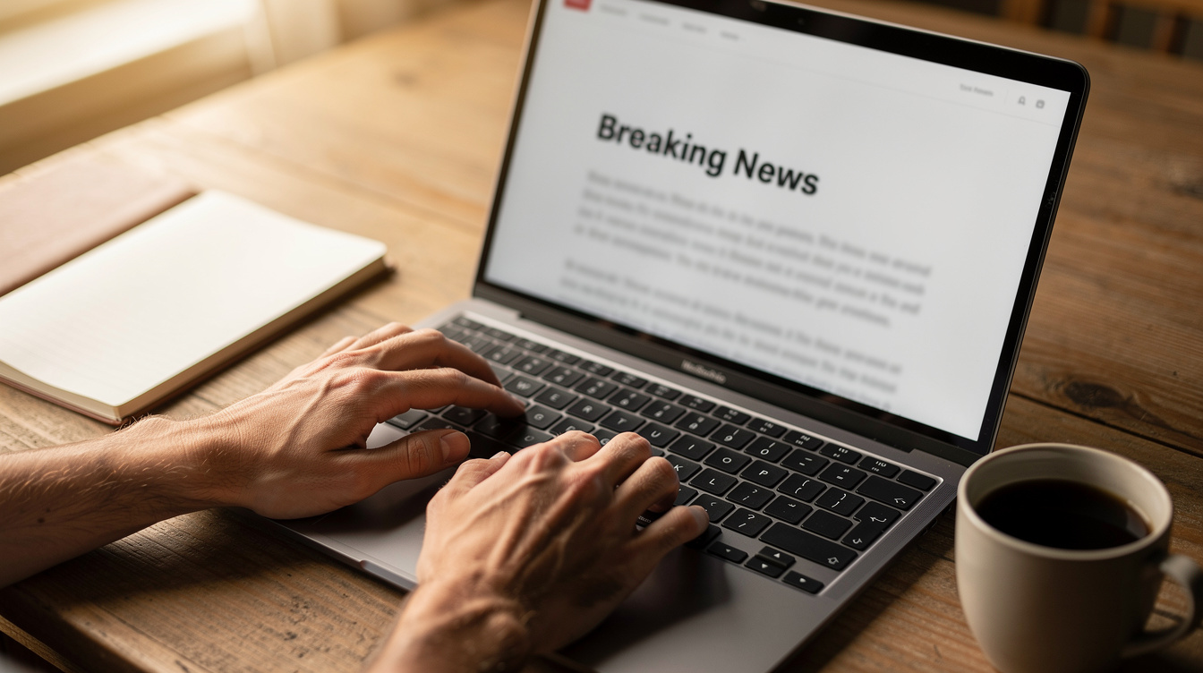 Journalist typing on a laptop to publish a news story