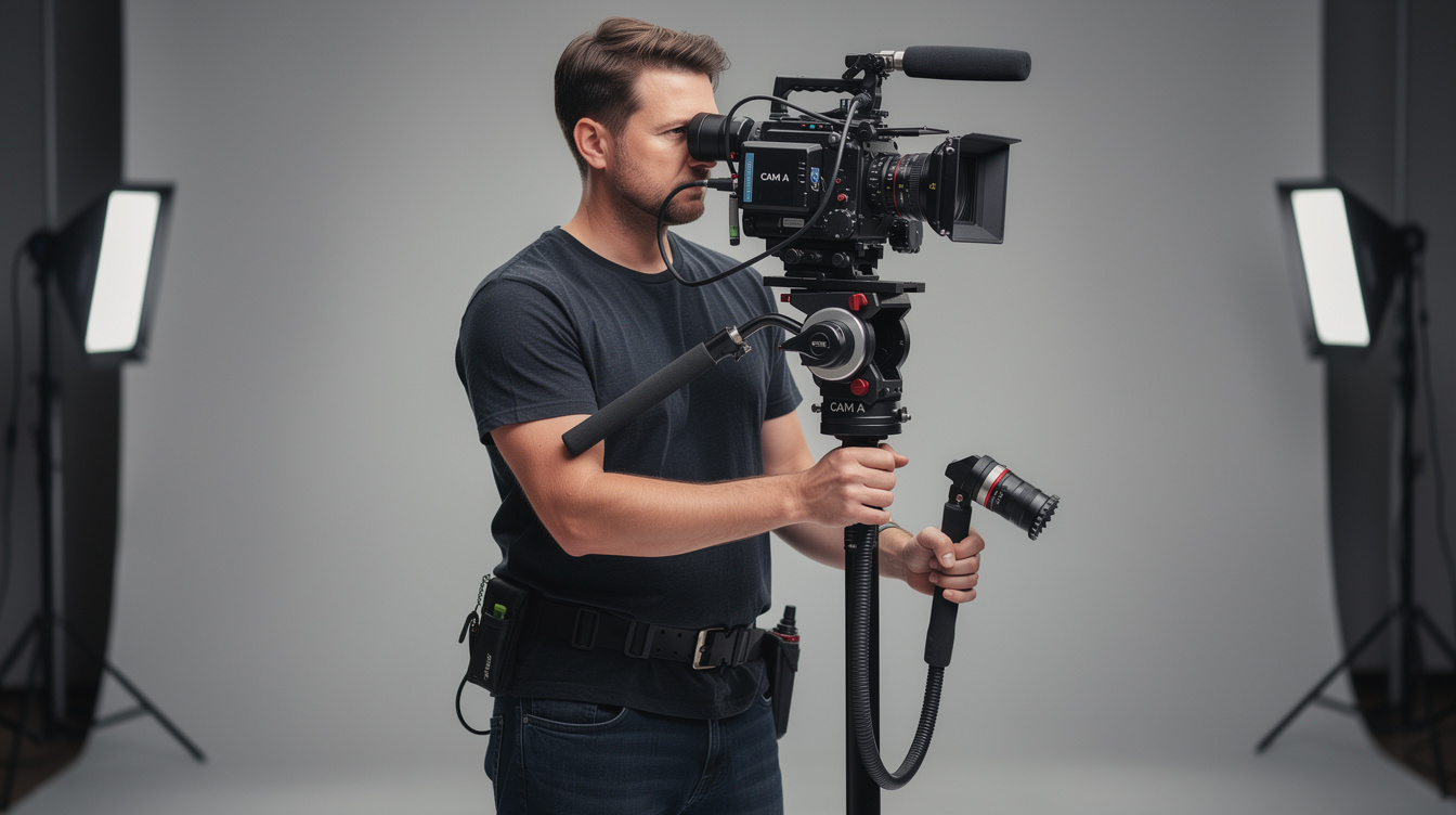Camera operator framing a shot with a professional video camera