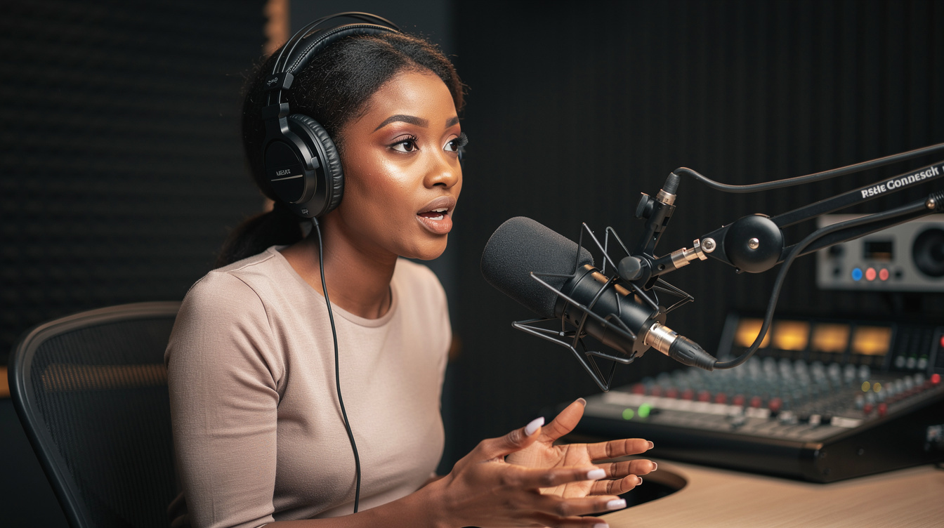 Broadcast presenter rehearsing a segment with a studio microphone
