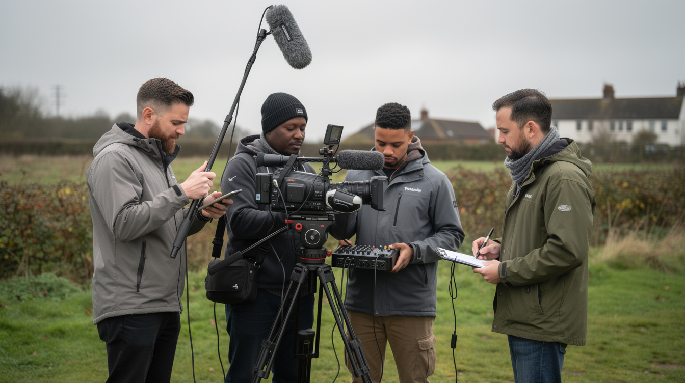 Camera crew filming outdoors during a field production workshop