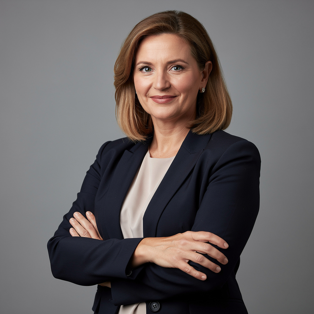 Studio portrait of a British woman editorial director in a blazer