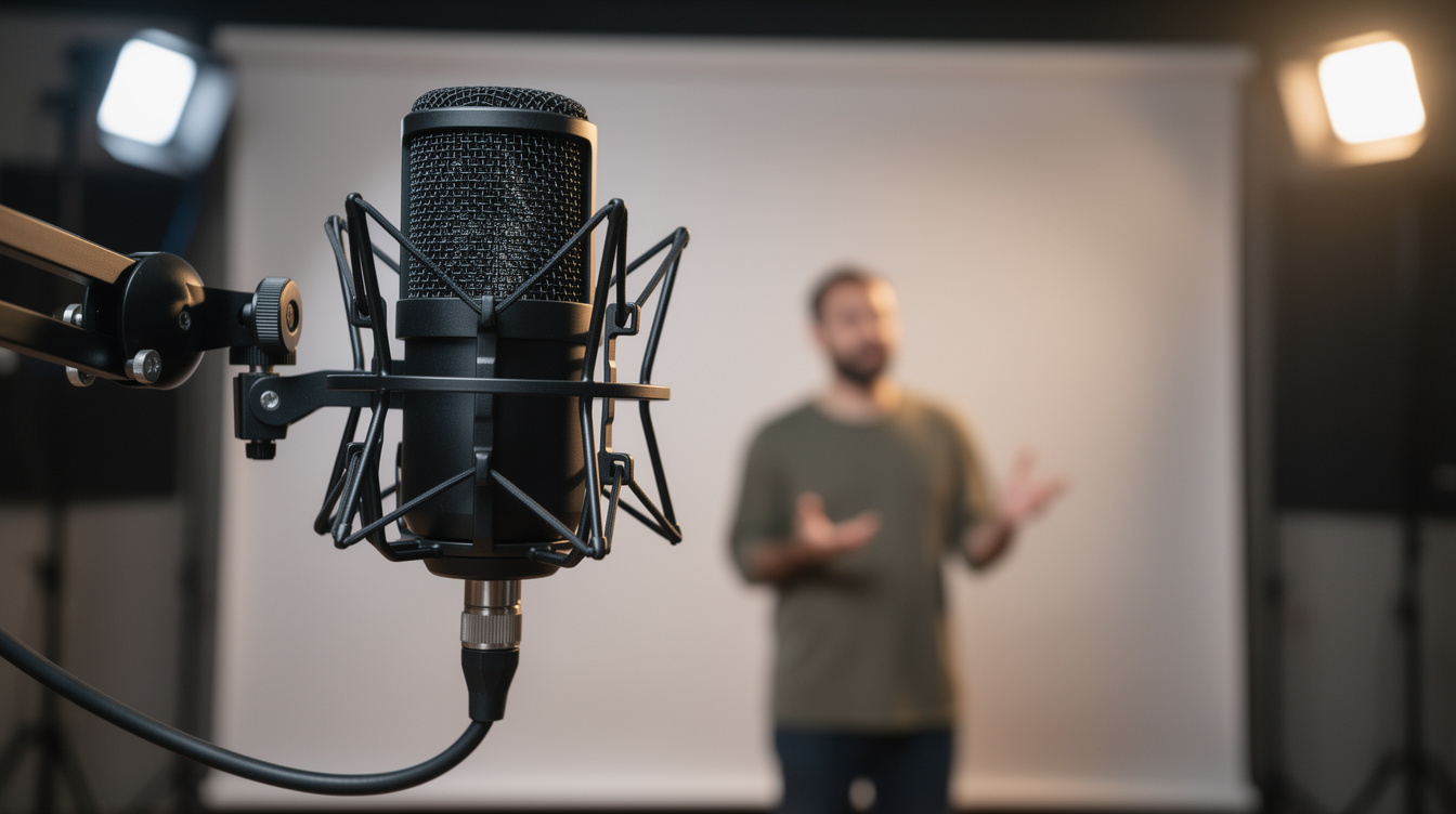 Microphone and studio lighting setup for on-camera presenter training