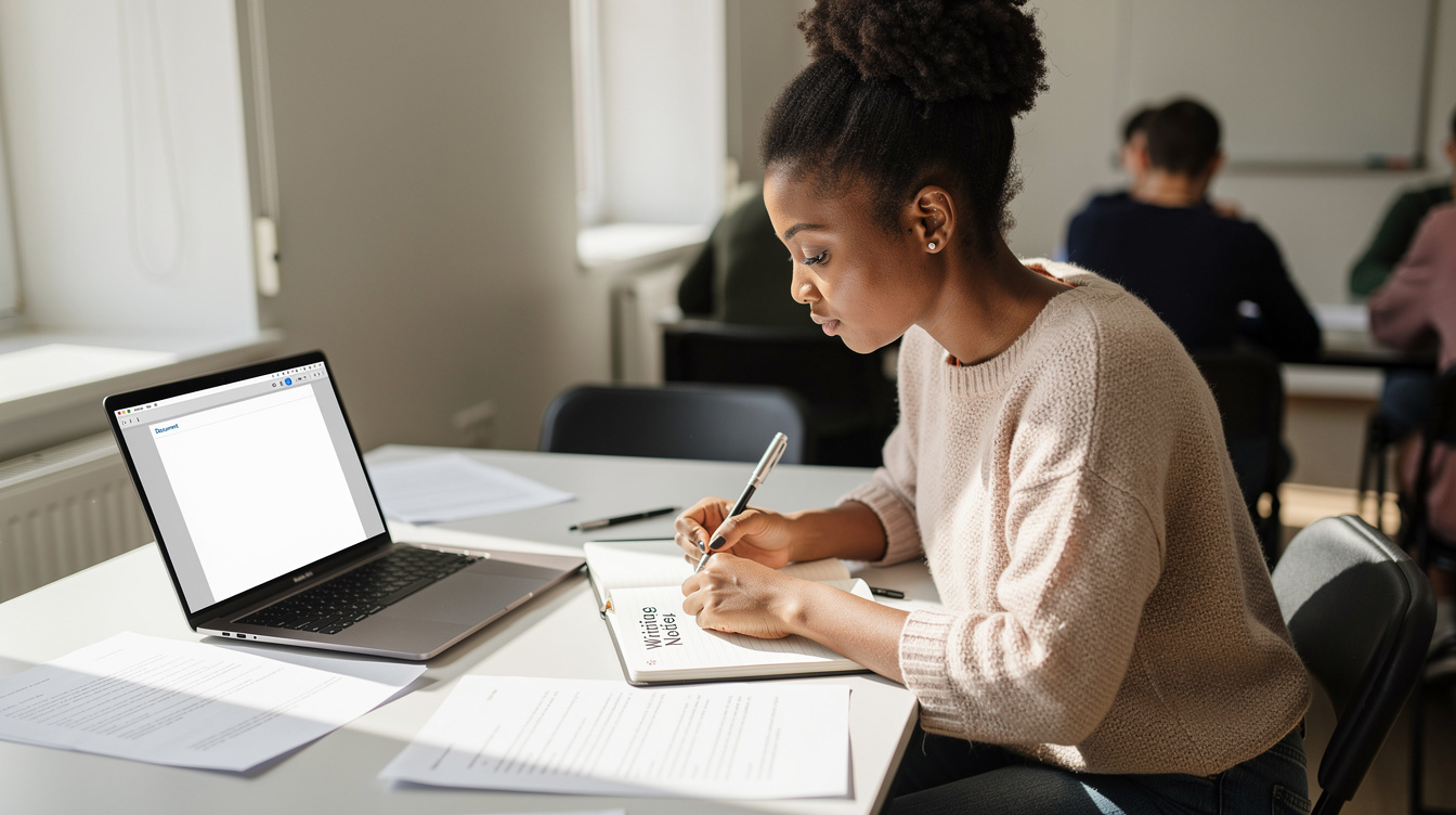 Woman writing notes at a desk during a writing lab workshop