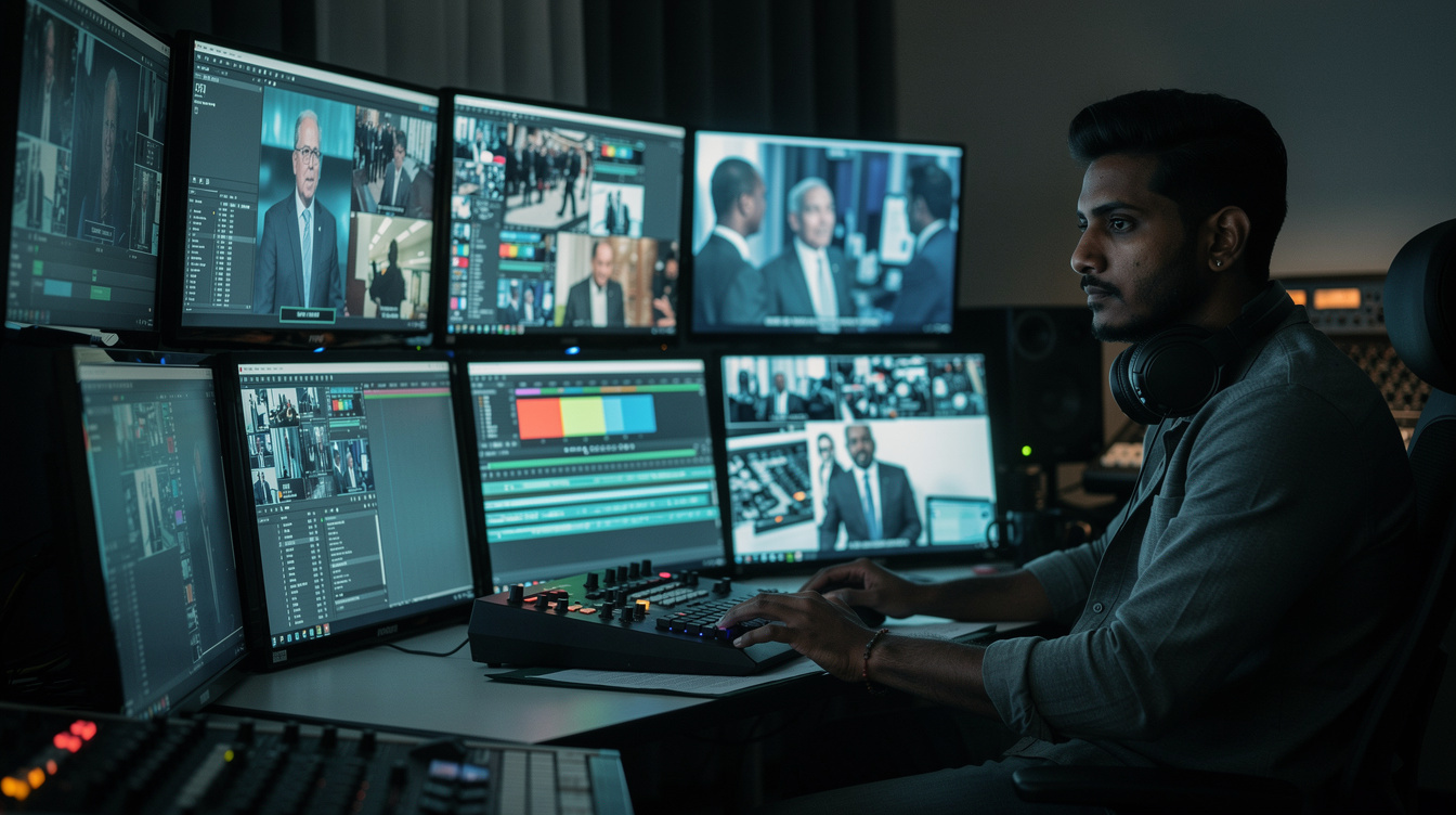 Editing suite with multiple monitors reviewing news footage