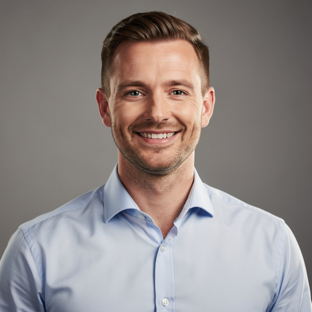 Studio portrait of a British man broadcast trainer