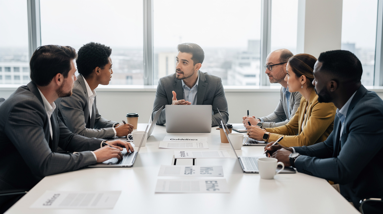Editorial team discussing standards around a meeting table