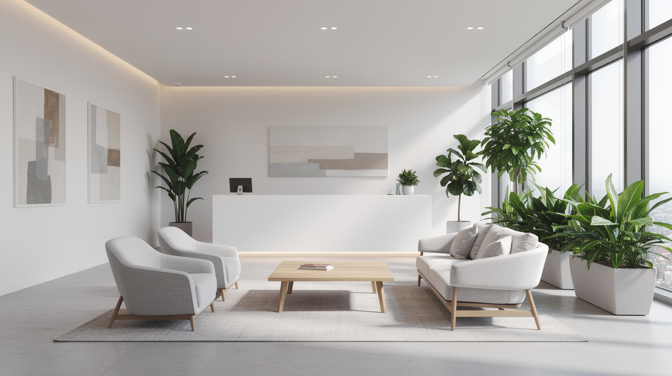 Modern office reception area with seating and plants